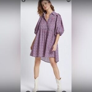 Meet Me In Santorini Pink Navy Floral Hi Low Mini Resort Western Shirt Dress XS
